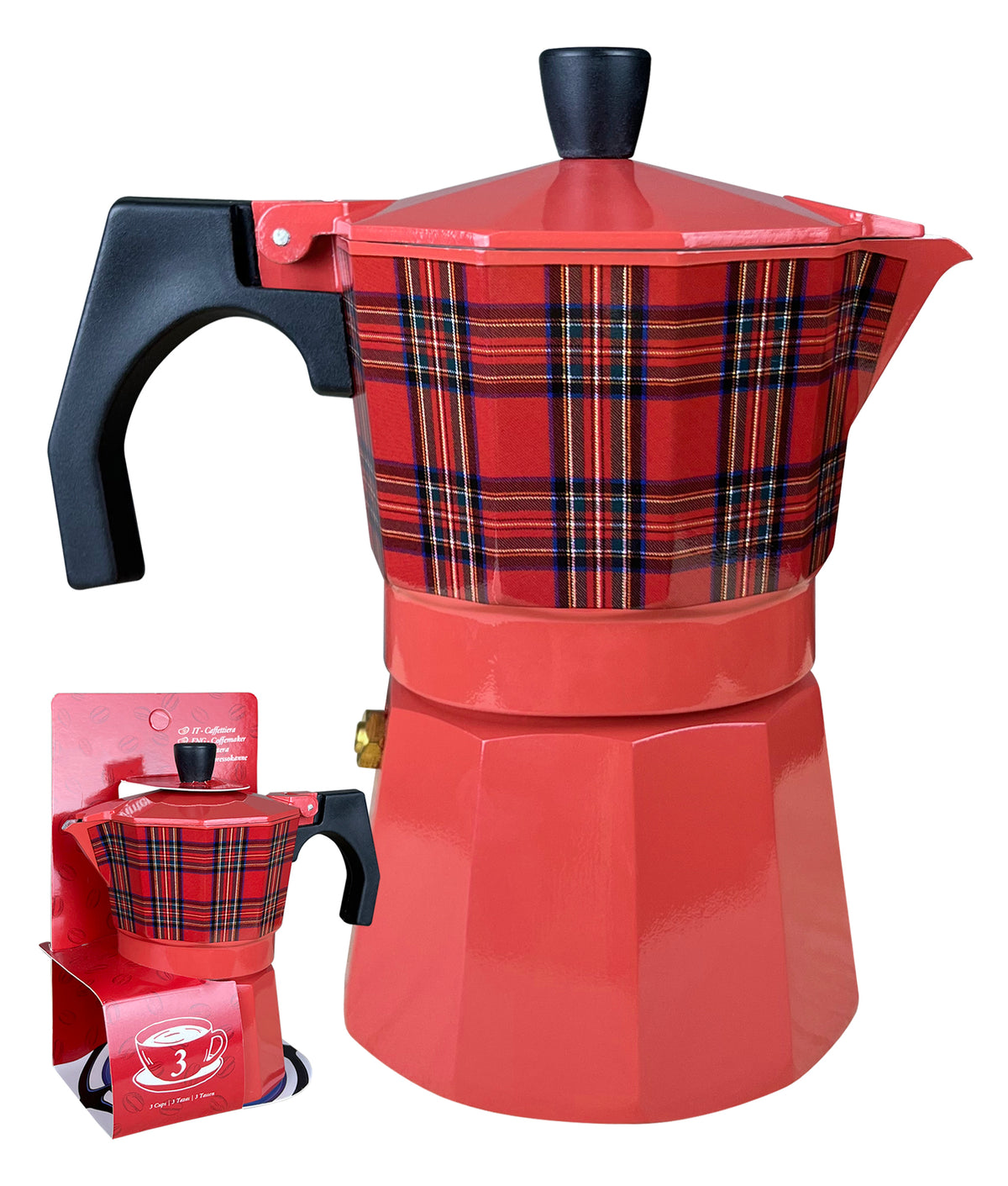 Caffettiera Moka Caffè 3 Tazze Fantasia Tartan Rosso In Alluminio Manico E Pomolo Termico Antiscottatura Per Fiamma Gas O Piastra Elettrica Idea Regalo Natale