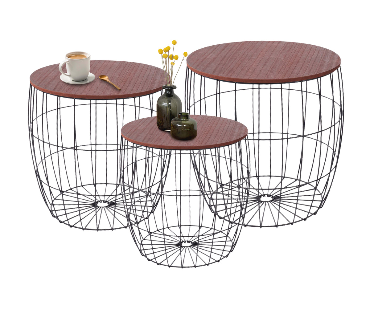 Set 3 Tavolini Da Salotto Sovrapponibili Rotondi Design Moderno Tavolino Da Caffè Estraibili Mobile Soggiorno Tavolo Divano Top In Legno Struttura In Acciaio Stile Industrial Vano Porta Oggetti