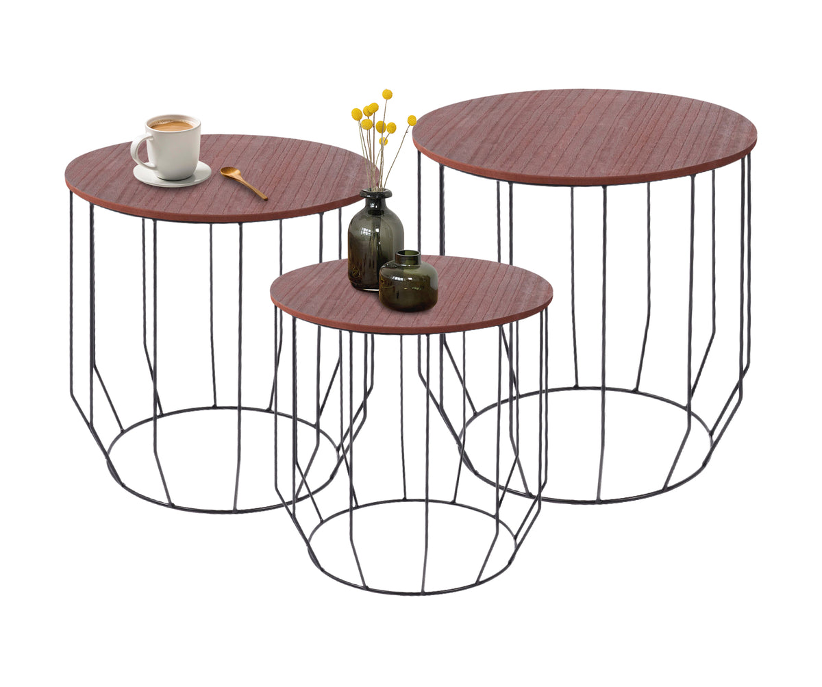 Set 3 Tavolini Da Salotto Sovrapponibili Rotondi Design Moderno Tavolino Da Caffè Estraibili Mobile Soggiorno Tavolo Divano Top In Legno Struttura In Acciaio Stile Industrial Vano Porta Oggetti