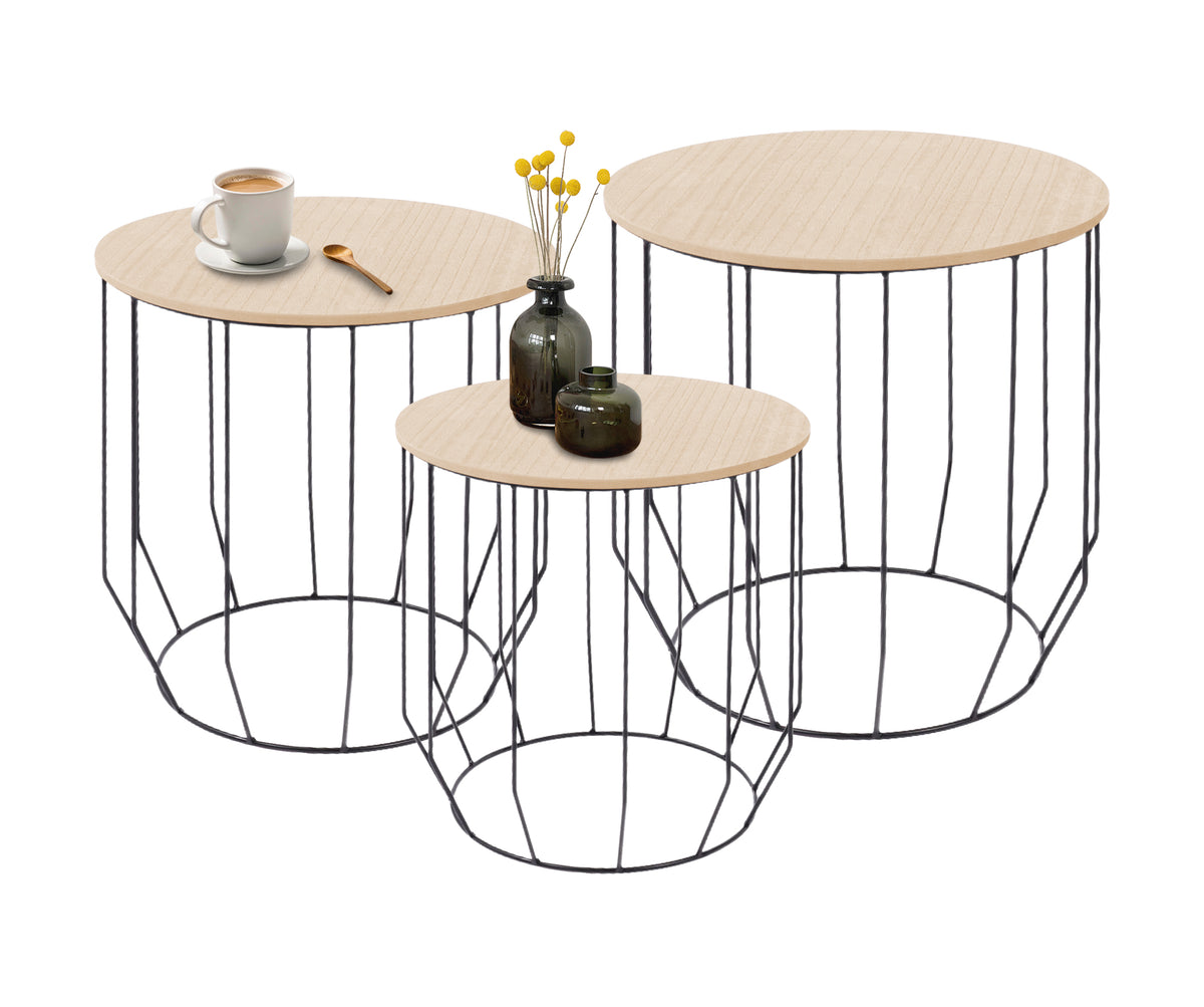 Set 3 Tavolini Da Salotto Sovrapponibili Rotondi Design Moderno Tavolino Da Caffè Estraibili Mobile Soggiorno Tavolo Divano Top In Legno Struttura In Acciaio Stile Industrial Vano Porta Oggetti