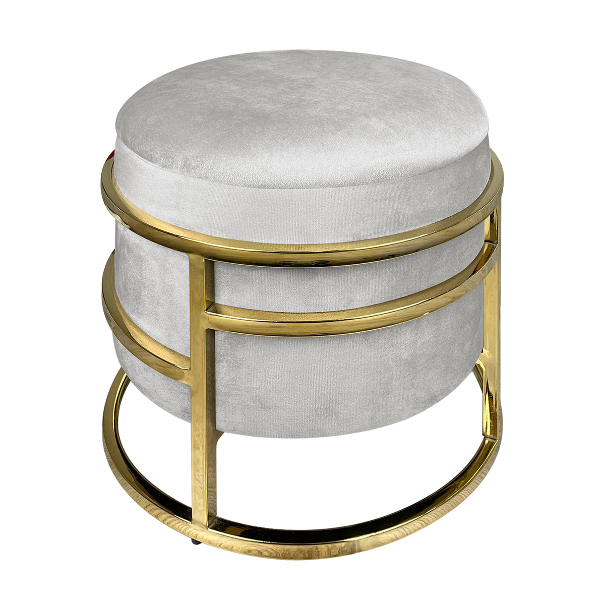 Pouf Contenitore Poggiapiedi Velluto Con Struttura Circolare Cromata Oro Elegante rotondo