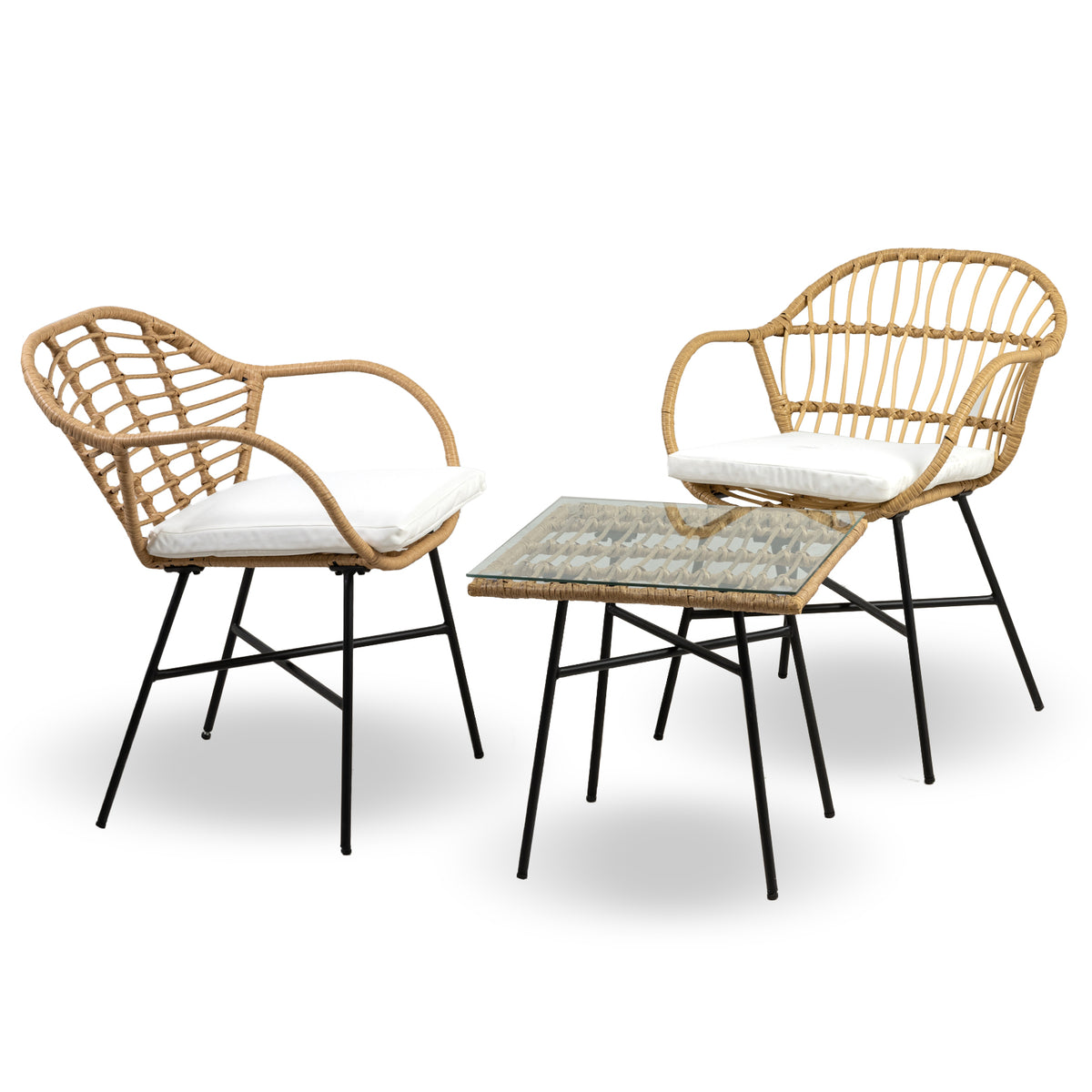 Salottino Da Esterno In Rattan Set Bistrot Poltrone E Tavolino Elegante Telaio In Acciaio Tavolo Salotto Con Piano In Vetro Con 2 Sedie Con Comodi Cuscini Terrazzo Balcone Giardino