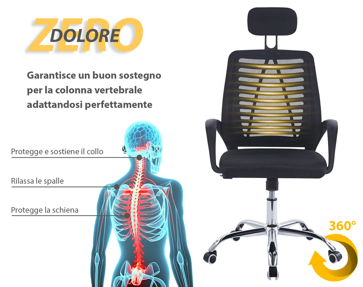 Sedia Direzionale Da Ufficio Schienale In Rete Supporto Lombare Ergonomica,Regolabile In Altezza,Girevole, Movimento Inclinazione Ad Ondeggiamento Pistone Gas