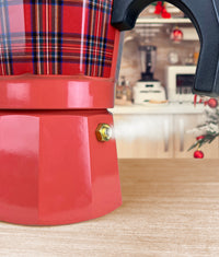 Caffettiera Moka Caffè 3 Tazze Fantasia Tartan Rosso In Alluminio Manico E Pomolo Termico Antiscottatura Per Fiamma Gas O Piastra Elettrica Idea Regalo Natale