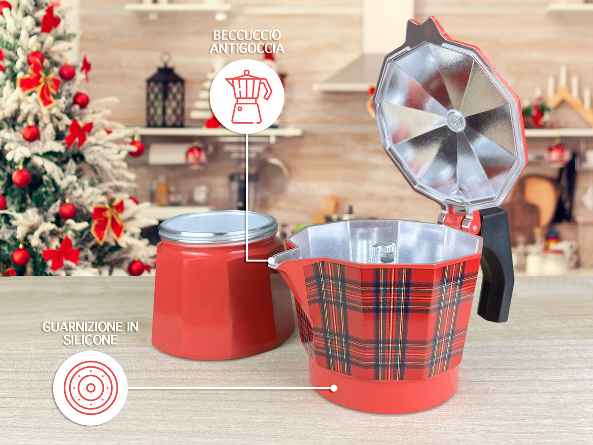 Caffettiera Moka Caffè 3 Tazze Fantasia Tartan Rosso In Alluminio Manico E Pomolo Termico Antiscottatura Per Fiamma Gas O Piastra Elettrica Idea Regalo Natale