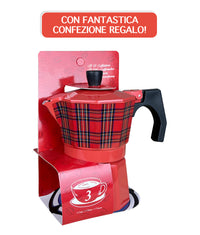 Caffettiera Moka Caffè 3 Tazze Fantasia Tartan Rosso In Alluminio Manico E Pomolo Termico Antiscottatura Per Fiamma Gas O Piastra Elettrica Idea Regalo Natale