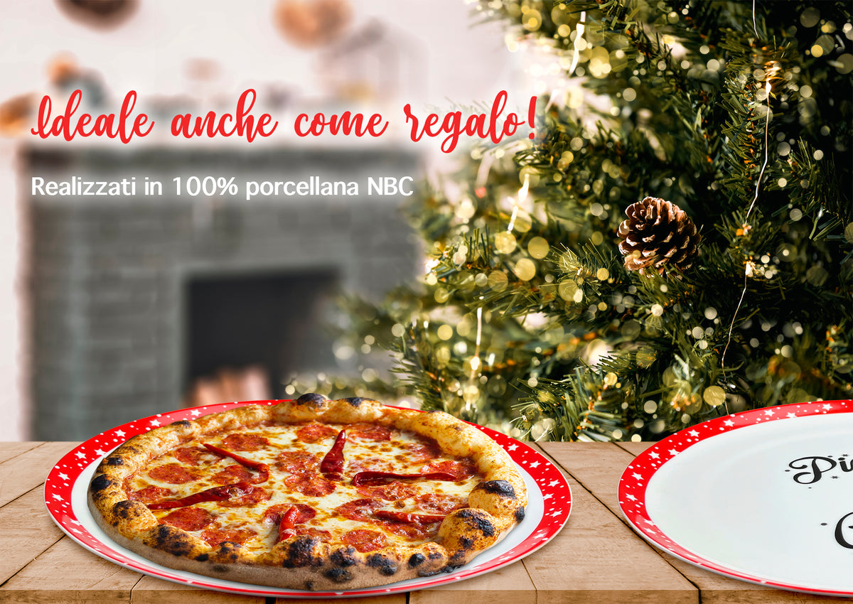 Set 6 Pezzi Piatti Pizza Natalizi Grandi Porcellana Bone China Ø 30 Cm Piani XL Tavola Natale Certificati Contatto Alimentare Sì Microonde Lavastoviglie Idea Regalo