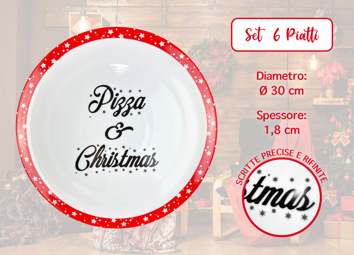 Set 6 Pezzi Piatti Pizza Natalizi Grandi Porcellana Bone China Ø 30 Cm Piani XL Tavola Natale Certificati Contatto Alimentare Sì Microonde Lavastoviglie Idea Regalo