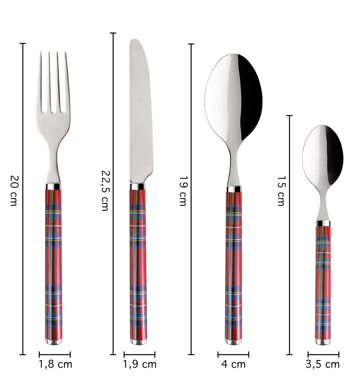 Set 24 Pezzi Posate Tavola Acciaio Inox Fantasia Scozzese 6x Forchetta Coltello Cucchiaio Cucchiaino Rosse Lavabili Lavastoviglie Confezione Regalo Idea Natale