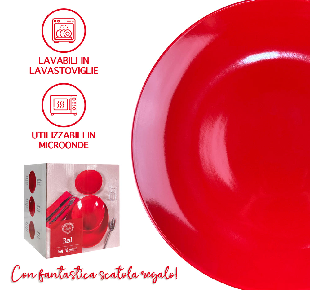 Servizio Piatti 18 Pezzi 6 Persone Rossi Gres Porcellanato Tinta Unita Rosso Tavola Natale Ceramica Certificati Contatto Alimentare Sì Microonde Lavastoviglie Idea Regalo