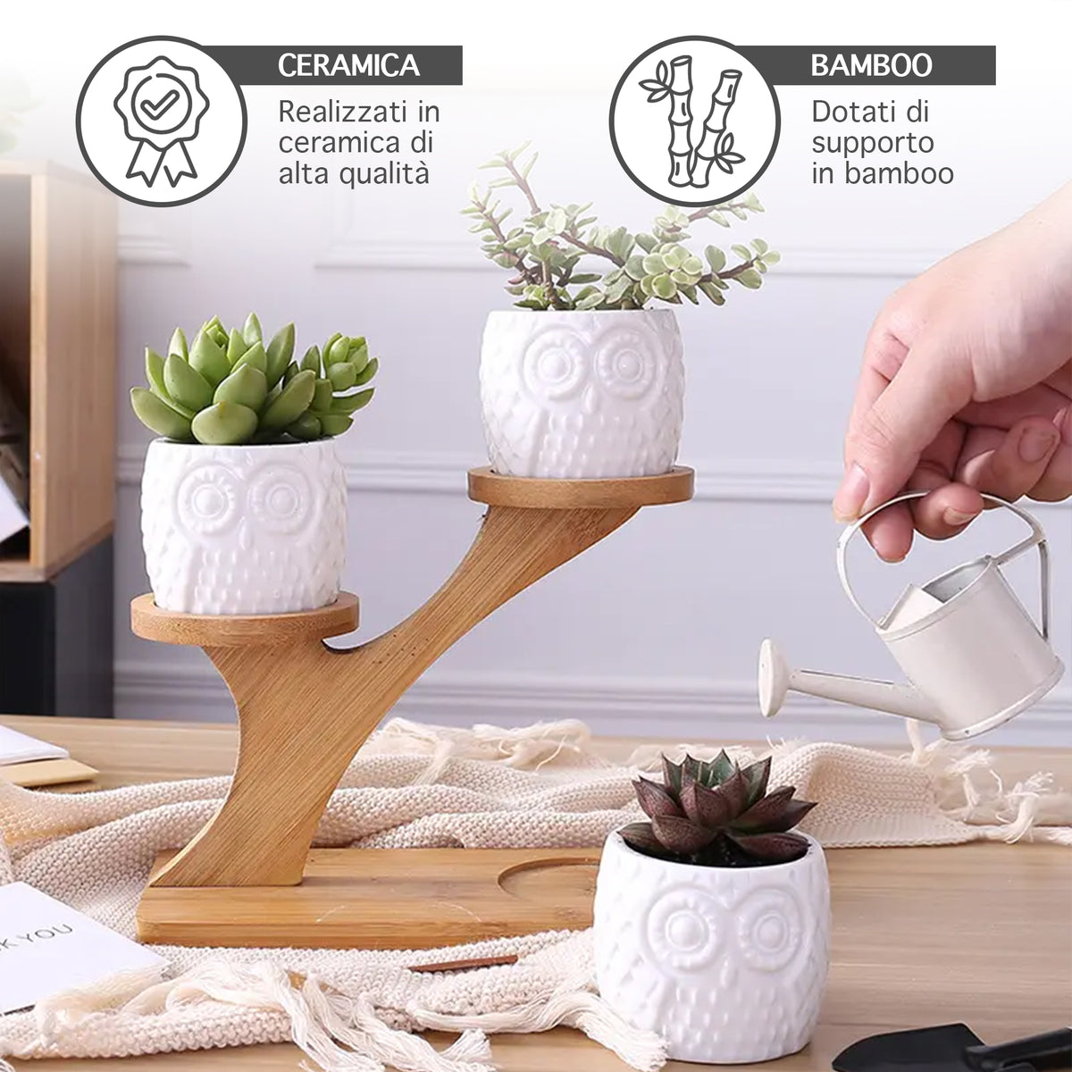 Set 6 Pezzi Vasi In Ceramica Fiori Piante Grasse Gufi Con Sotto Vaso In Bambù Foro Centrale Cactus Decorazione Interno Esterno Casa Vasetto Con Foro Scarico Fioriera Contenitore