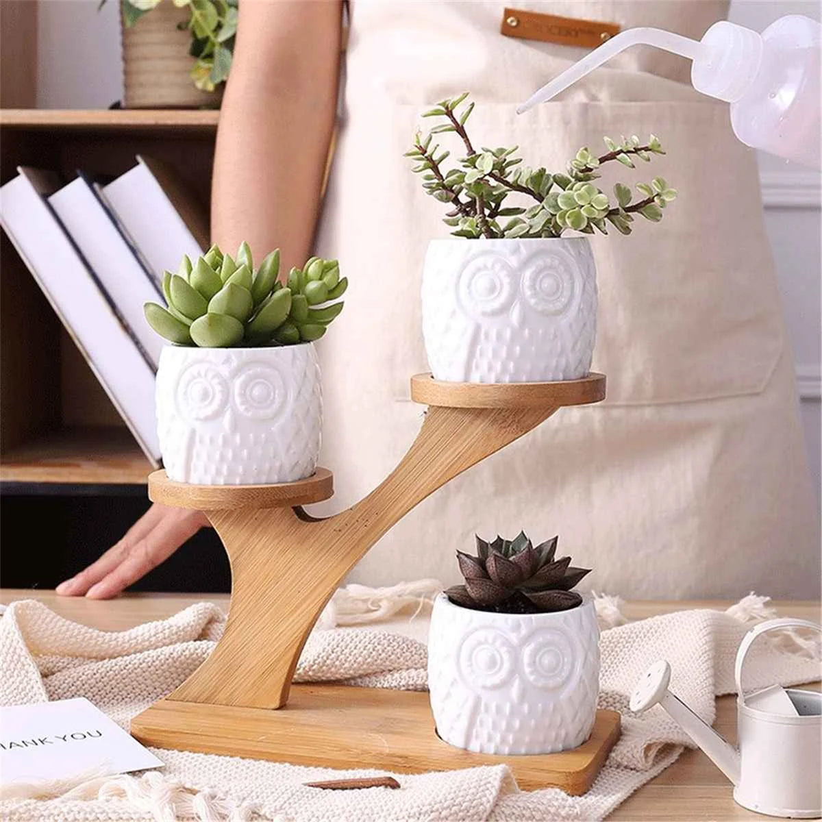 Set 6 Pezzi Vasi In Ceramica Fiori Piante Grasse Gufi Con Sotto Vaso In Bambù Foro Centrale Cactus Decorazione Interno Esterno Casa Vasetto Con Foro Scarico Fioriera Contenitore