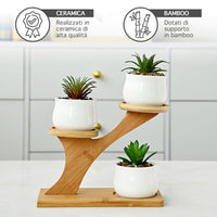 Set 4 Pezzi Vasi In Ceramica Con Decorazioni Fiori Piante Grasse Con Sotto Vaso In Bambù Foro Centrale Vasetti Cactus