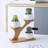 Set 4 Pezzi Vasi In Ceramica Con Decorazioni Fiori Piante Grasse Con Sotto Vaso In Bambù Foro Centrale Vasetti Cactus