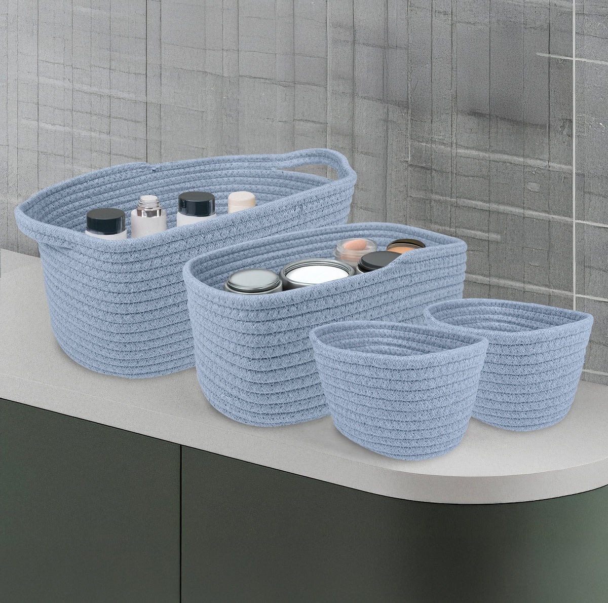 Set 4 Cestini Grandi In Corda Di Cotone Portaoggetti Moderni Tinta Unita Design Elegante Contenitori Impilabili Organizzazione Cestino Bagno Porta Lavette Accessori Stoccaggio