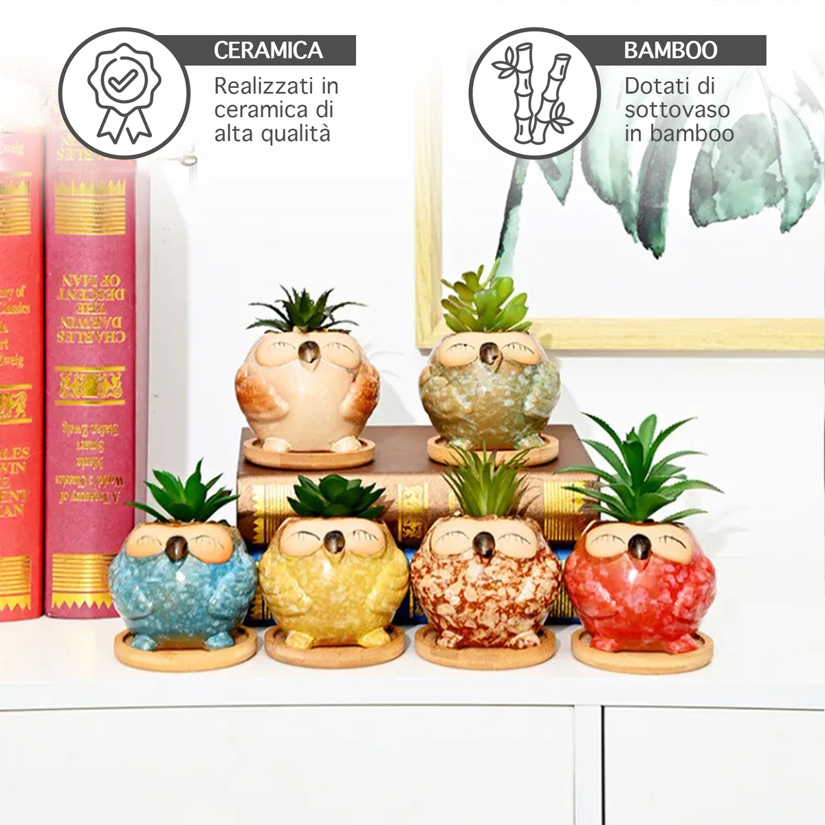 Set 6 Pezzi Vasi In Ceramica Fiori Piante Grasse Gufi Con Sotto Vaso In Bambù Foro Centrale Cactus Decorazione Interno Esterno Casa Vasetto Con Foro Scarico Fioriera Contenitore