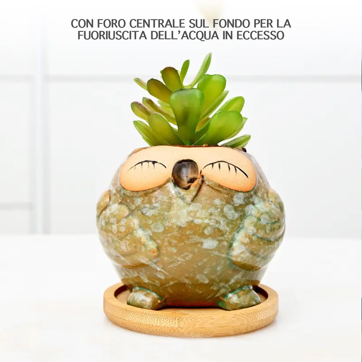 Set 6 Pezzi Vasi In Ceramica Fiori Piante Grasse Gufi Con Sotto Vaso In Bambù Foro Centrale Cactus Decorazione Interno Esterno Casa Vasetto Con Foro Scarico Fioriera Contenitore