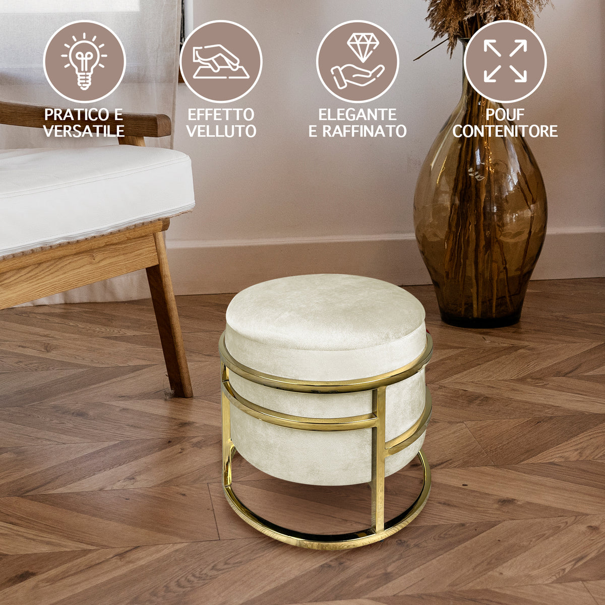 Pouf Contenitore Poggiapiedi Velluto Con Struttura Circolare Cromata Oro Elegante rotondo