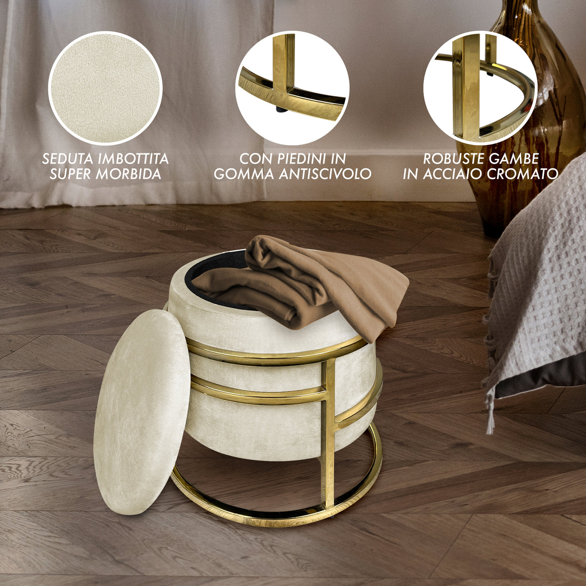 Pouf Contenitore Poggiapiedi Velluto Con Struttura Circolare Cromata Oro Elegante rotondo