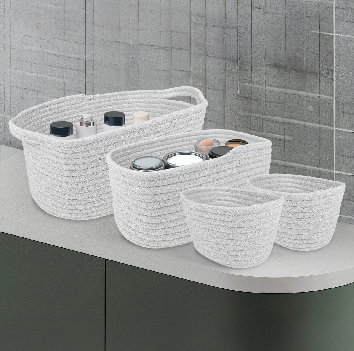 Set 4 Cestini Grandi In Corda Di Cotone Portaoggetti Moderni Tinta Unita Design Elegante Contenitori Impilabili Organizzazione Cestino Bagno Porta Lavette Accessori Stoccaggio