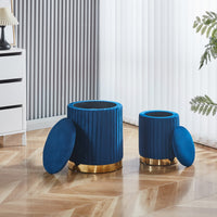 Set Di 2 Pouf Contenitori Velluto Design Moderno Poggiapiedi Sgabello A Coste Tondo Seduta Imbottita Fascia In Metallo Contenitore Capiente Storage Box Toeletta Trucco Poltroncina Bimbi Da Camera