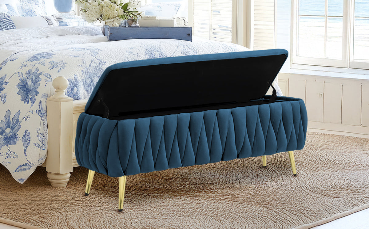 Panca Imbottita Divanetto In Velluto Contenitore Pouf Grande XXL Intrecciato Con Gambe In Metallo Dorato Cassapanca Ingresso Legno Massello Panchina