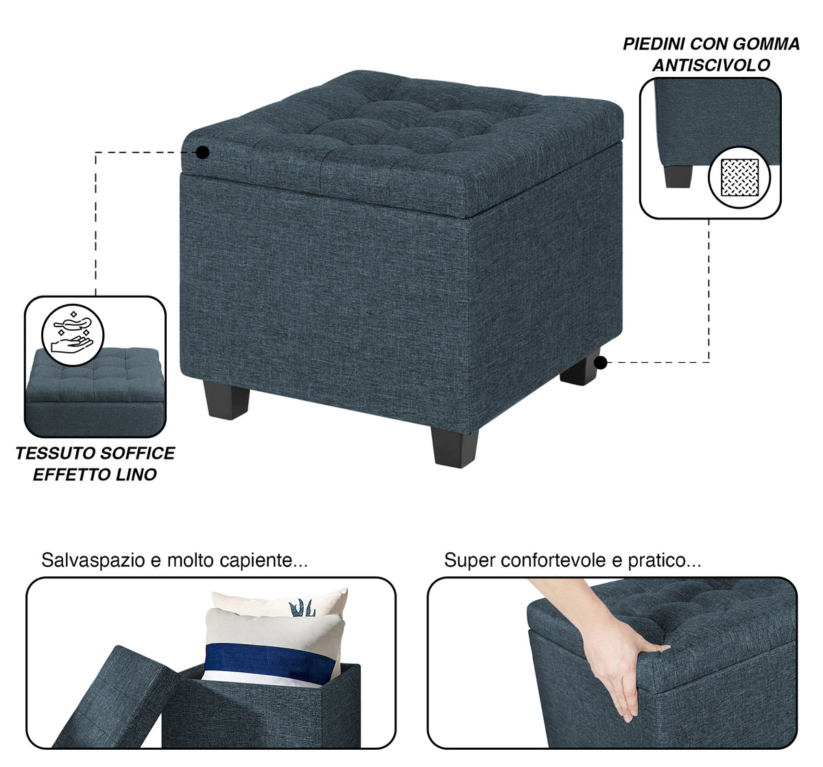 Pouf Poggiapiedi Cubico XXL Con Contenitore Integrato Cubo Imbottito Lino 45Cm Piedini legno Panca Moderna Cassapanca