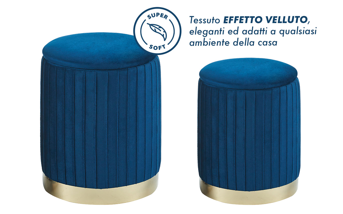 Set Di 2 Pouf Contenitori Velluto Design Moderno Poggiapiedi Sgabello A Coste Tondo Seduta Imbottita Fascia In Metallo Contenitore Capiente Storage Box Toeletta Trucco Poltroncina Bimbi Da Camera