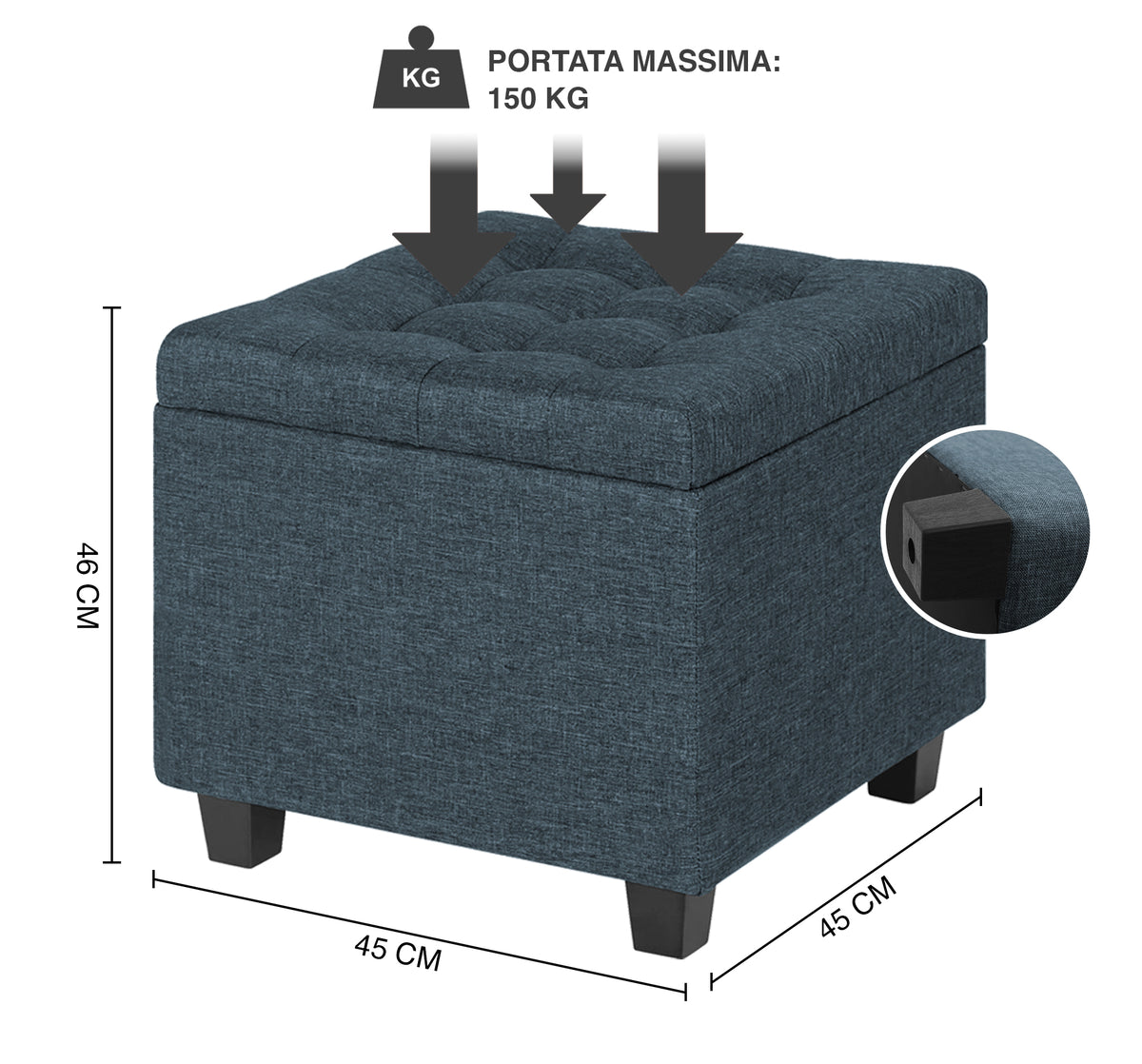 Pouf Poggiapiedi Cubico XXL Con Contenitore Integrato Cubo Imbottito Lino 45Cm Piedini legno Panca Moderna Cassapanca