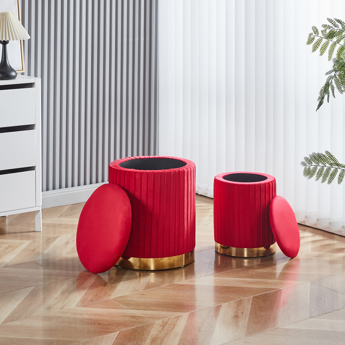 Set Di 2 Pouf Contenitori Velluto Design Moderno Poggiapiedi Sgabello A Coste Tondo Seduta Imbottita Fascia In Metallo Contenitore Capiente Storage Box Toeletta Trucco Poltroncina Bimbi Da Camera