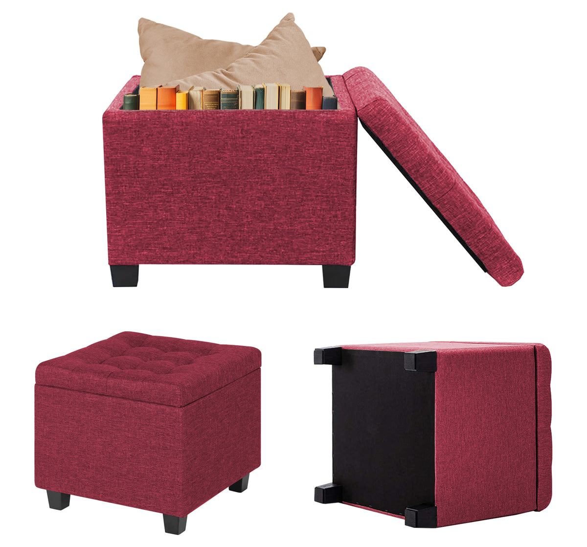 Pouf Poggiapiedi Cubico XXL Con Contenitore Integrato Cubo Imbottito Lino 45Cm Piedini legno Panca Moderna Cassapanca