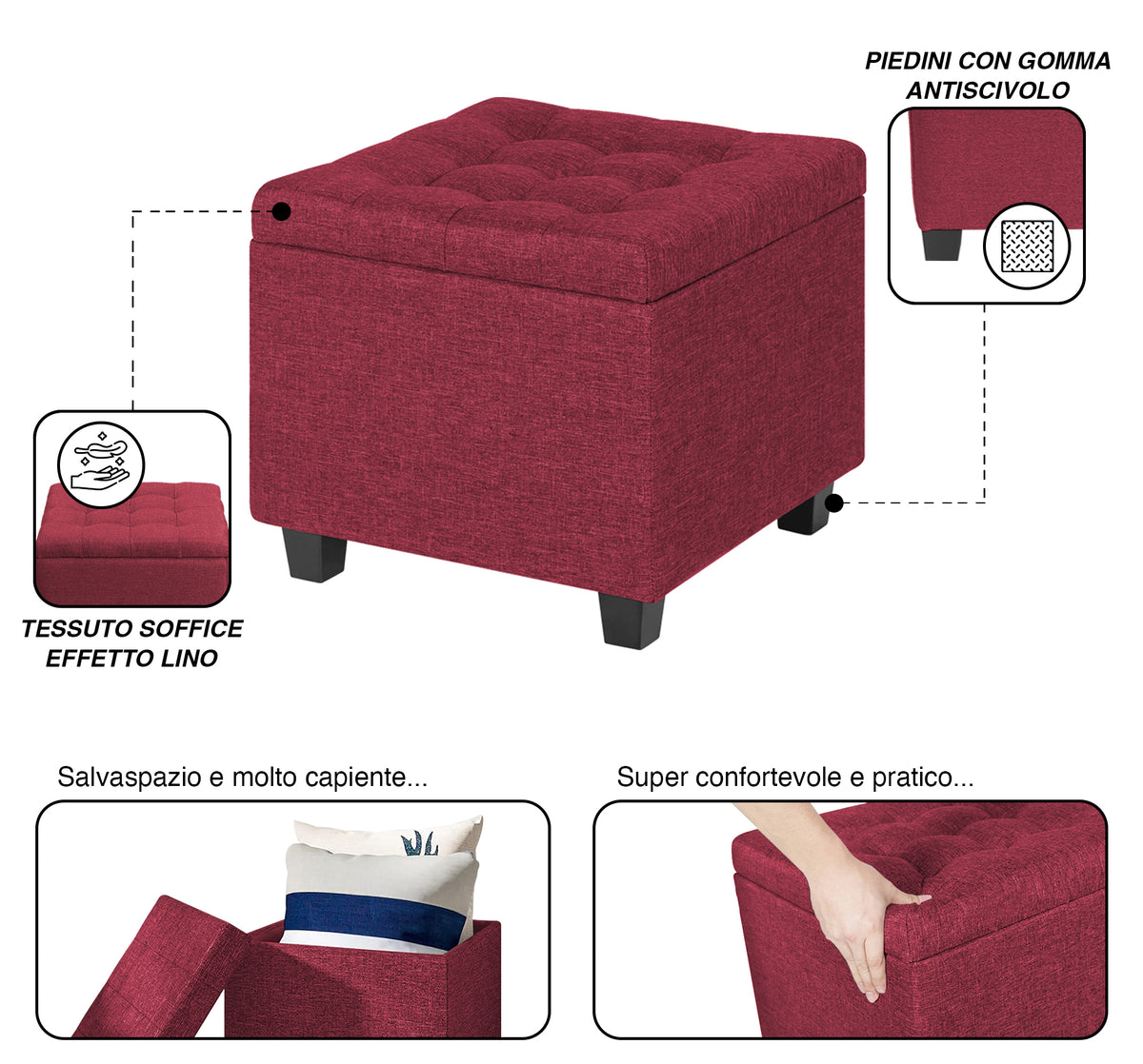 Pouf Poggiapiedi Cubico XXL Con Contenitore Integrato Cubo Imbottito Lino 45Cm Piedini legno Panca Moderna Cassapanca