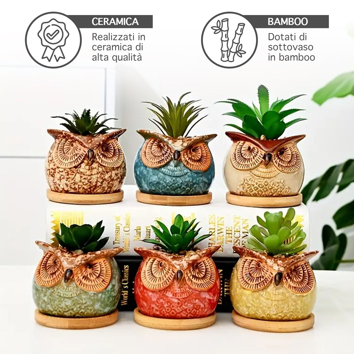 Set 6 Pezzi Vasi In Ceramica Fiori Piante Grasse Gufi Con Sotto Vaso In Bambù Foro Centrale Cactus Decorazione Interno Esterno Casa Vasetto Con Foro Scarico Fioriera Contenitore