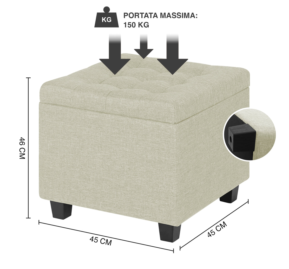 Pouf Poggiapiedi Cubico XXL Con Contenitore Integrato Cubo Imbottito Lino 45Cm Piedini legno Panca Moderna Cassapanca