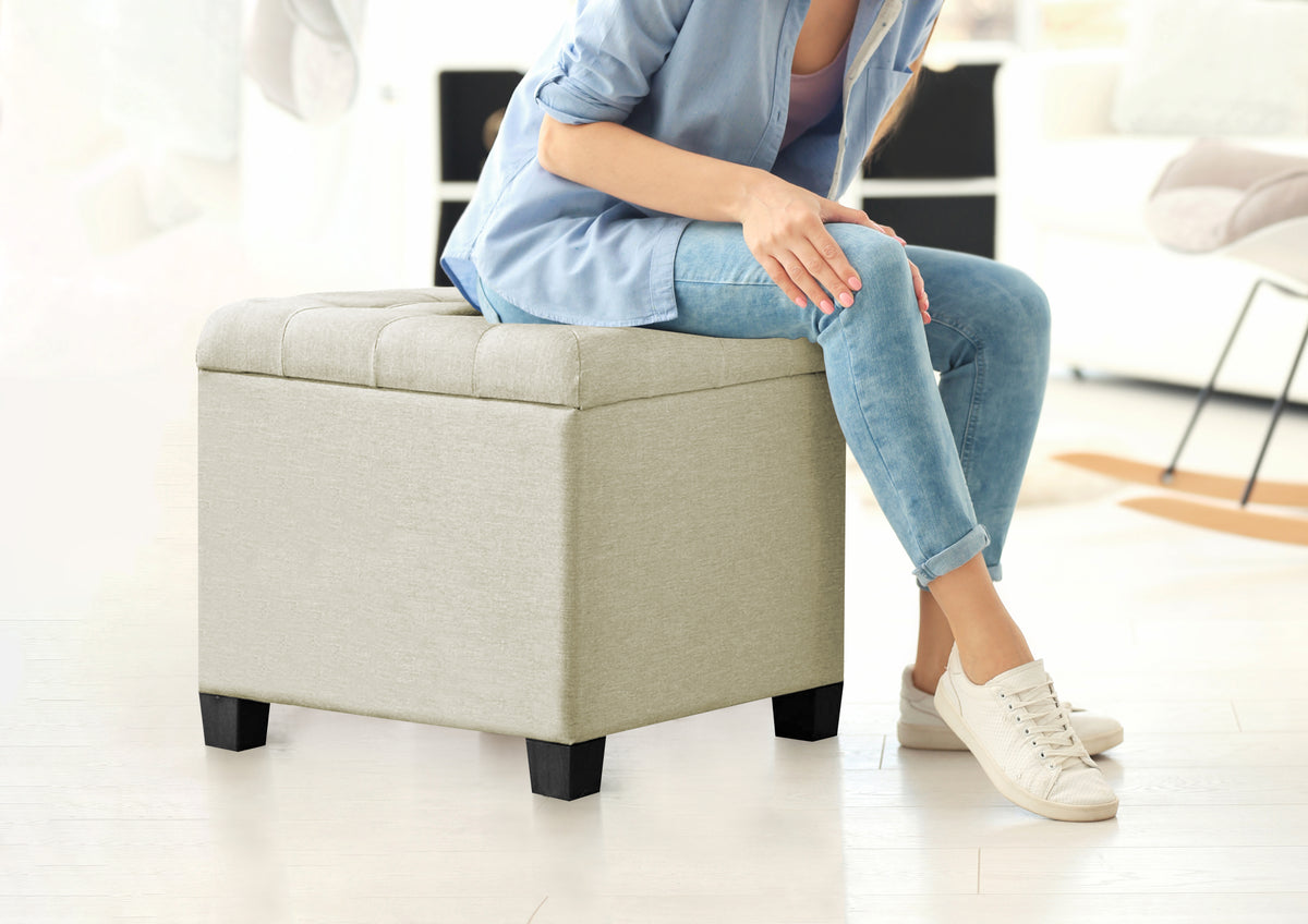 Pouf Poggiapiedi Cubico XXL Con Contenitore Integrato Cubo Imbottito Lino 45Cm Piedini legno Panca Moderna Cassapanca