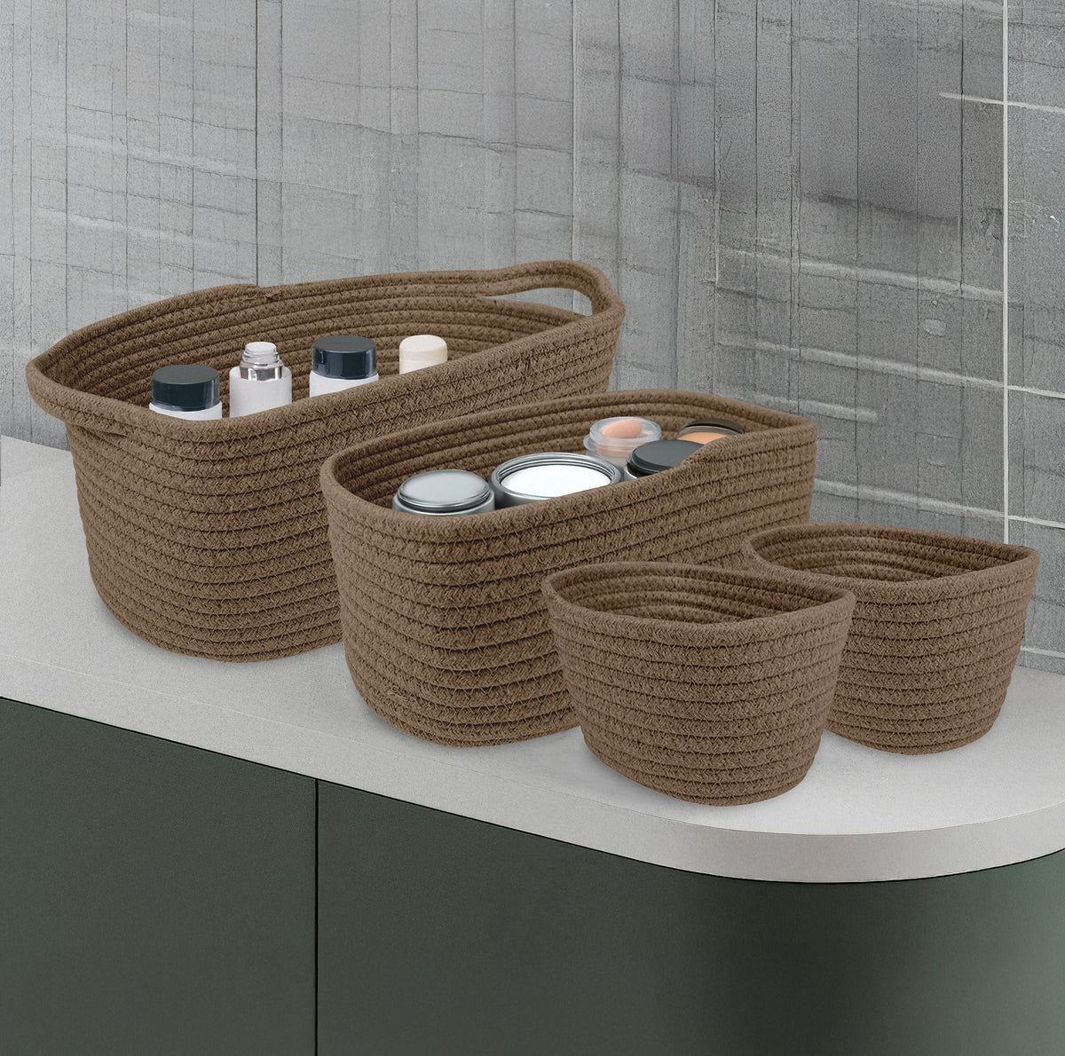 Set 4 Cestini Grandi In Corda Di Cotone Portaoggetti Moderni Tinta Unita Design Elegante Contenitori Impilabili Organizzazione Cestino Bagno Porta Lavette Accessori Stoccaggio