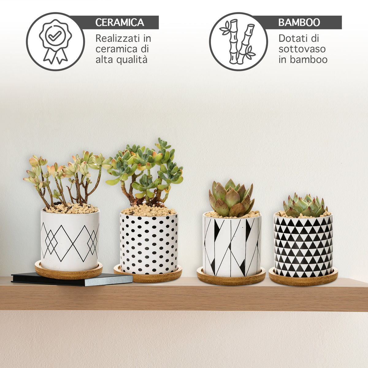 Set 4 Pezzi Vasi In Ceramica Con Decorazioni Fiori Piante Grasse Con Sotto Vaso In Bambù Foro Centrale Vasetti Cactus