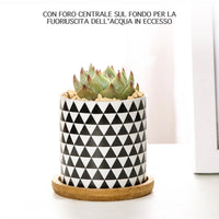 Set 4 Pezzi Vasi In Ceramica Con Decorazioni Fiori Piante Grasse Con Sotto Vaso In Bambù Foro Centrale Vasetti Cactus