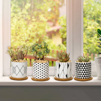 Set 4 Pezzi Vasi In Ceramica Con Decorazioni Fiori Piante Grasse Con Sotto Vaso In Bambù Foro Centrale Vasetti Cactus