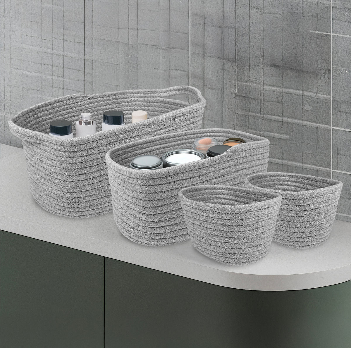 Set 4 Cestini Grandi In Corda Di Cotone Portaoggetti Moderni Tinta Unita Design Elegante Contenitori Impilabili Organizzazione Cestino Bagno Porta Lavette Accessori Stoccaggio