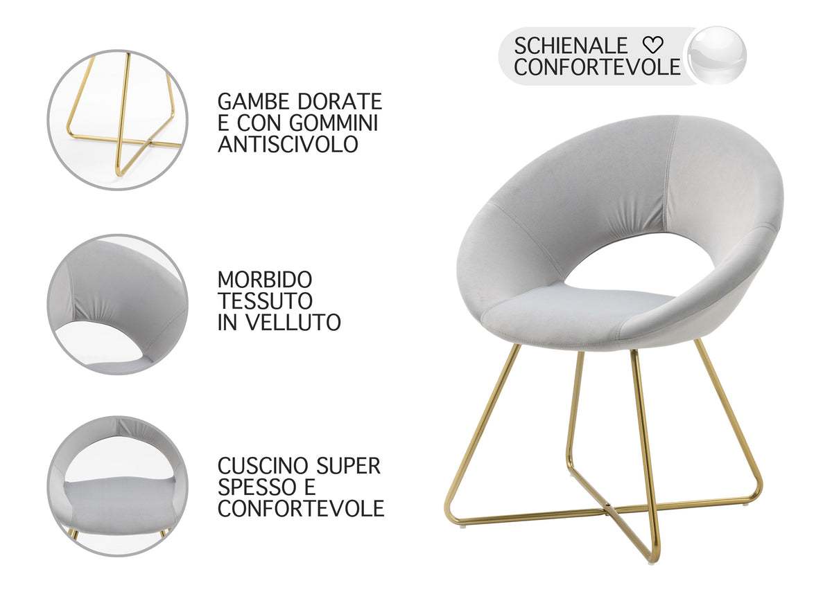 Poltrona Tonda Camera da Letto in Velluto Design Moderno,  con Gambe in Metallo Placcato Oro con Seduta Morbida Modello Grace