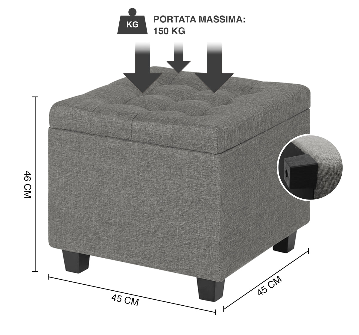 Pouf Poggiapiedi Cubico XXL Con Contenitore Integrato Cubo Imbottito Lino 45Cm Piedini legno Panca Moderna Cassapanca