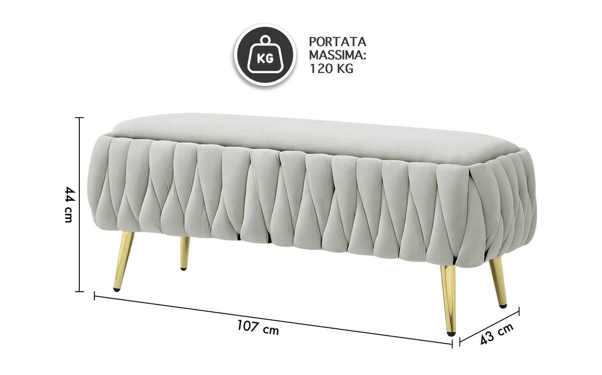 Panca Imbottita Divanetto In Velluto Contenitore Pouf Grande XXL Intrecciato Con Gambe In Metallo Dorato Cassapanca Ingresso Legno Massello Panchina