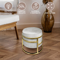 Pouf Contenitore Poggiapiedi Velluto Con Struttura Circolare Cromata Oro Elegante rotondo