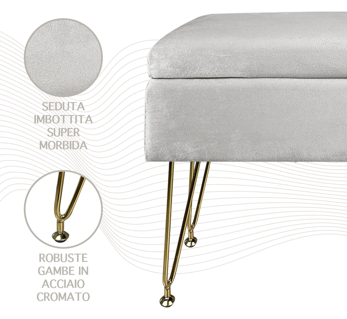 Pouf Panca Imbottita Divanetto In Velluto Contenitore PortaOggetti Con Gambe In Metallo Dorato Cassapanca Scarpiera Legno Massello