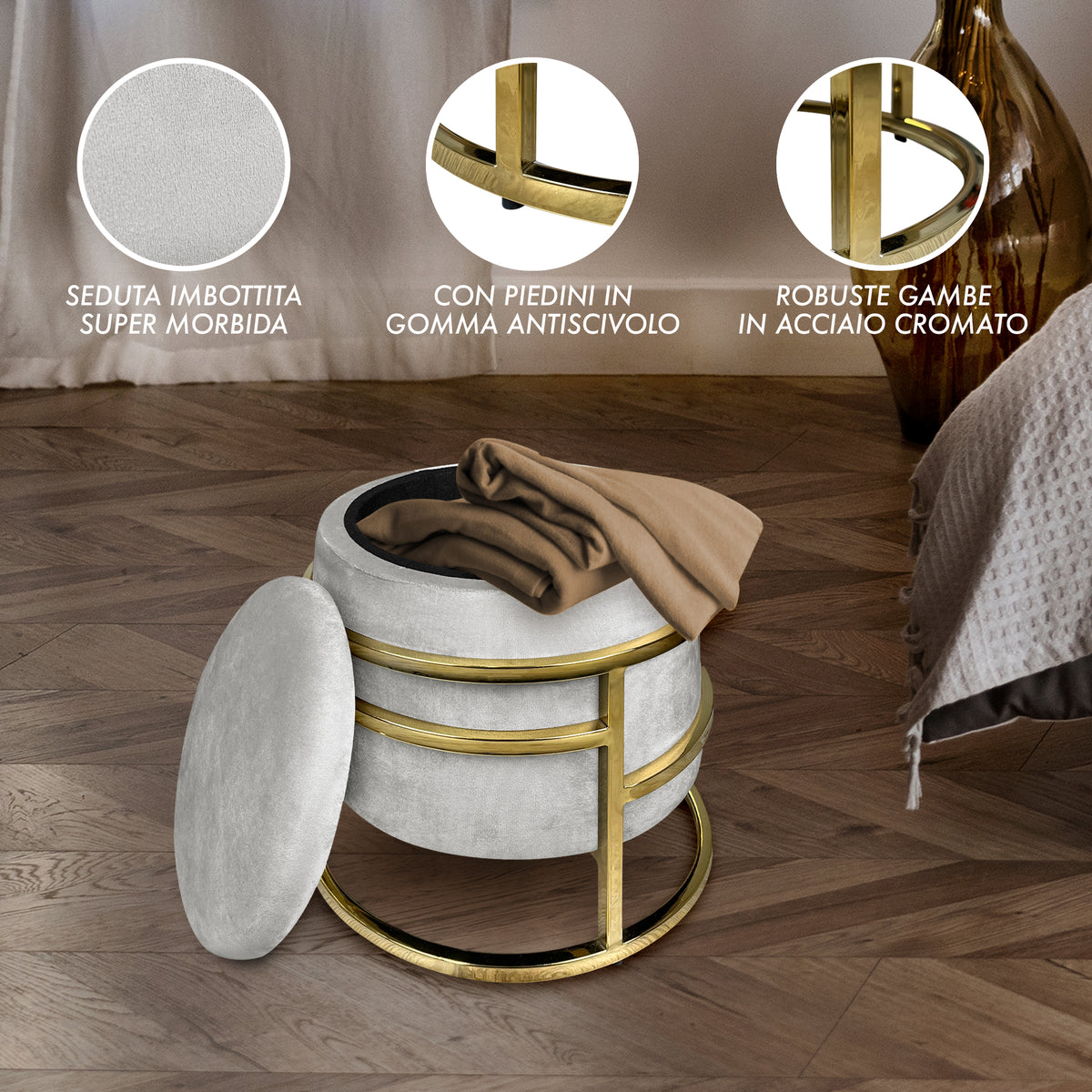 Pouf Contenitore Poggiapiedi Velluto Con Struttura Circolare Cromata Oro Elegante rotondo