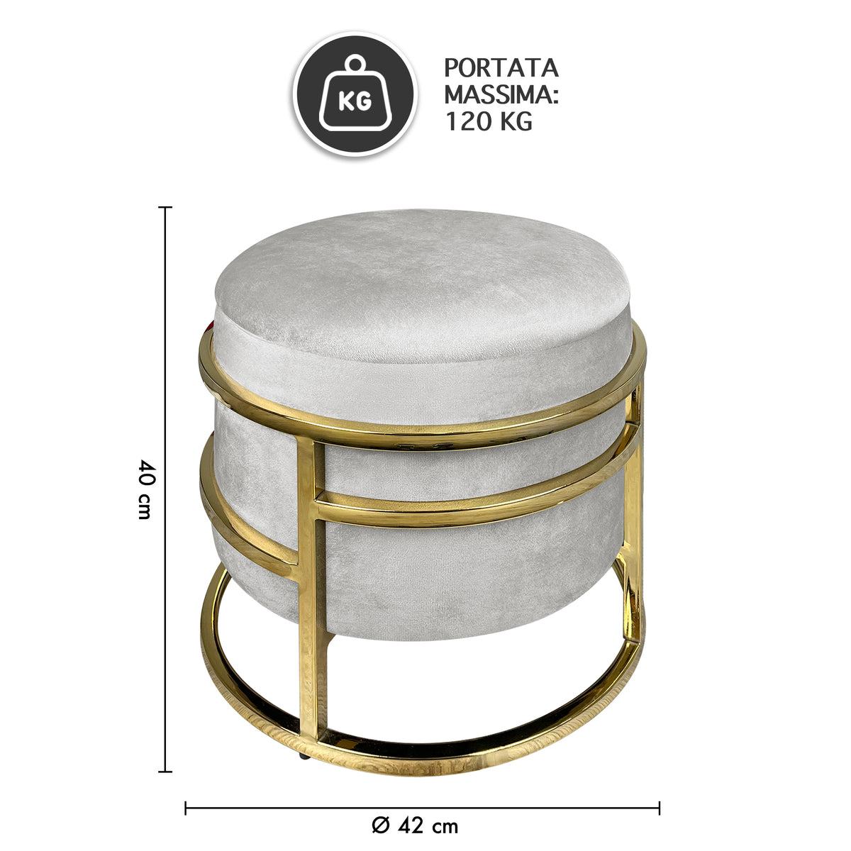 Pouf Contenitore Poggiapiedi Velluto Con Struttura Circolare Cromata Oro Elegante rotondo