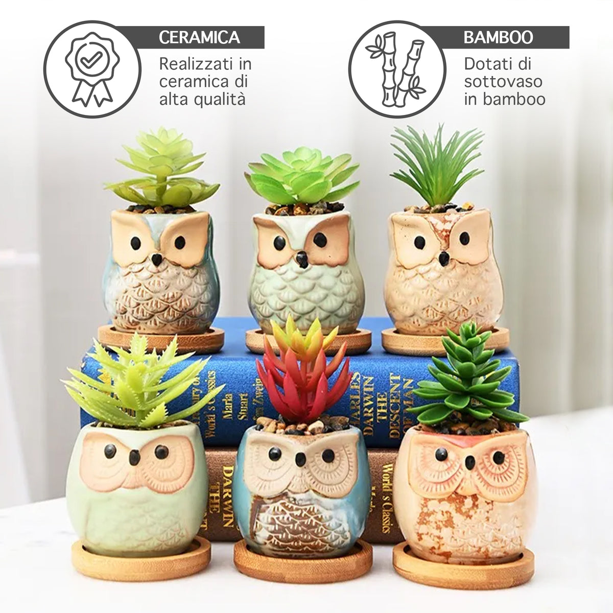 Set 6 Pezzi Vasi In Ceramica Fiori Piante Grasse Gufi Con Sotto Vaso In Bambù Foro Centrale Cactus Decorazione Interno Esterno Casa Vasetto Con Foro Scarico Fioriera Contenitore