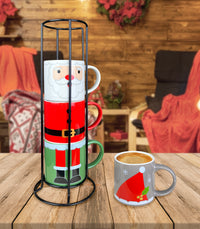 Set 4 Tazzine Da Caffè Con Supporto Fantasia Natale In Porcellana Idea Regalo Si Lavastoviglie Microonde