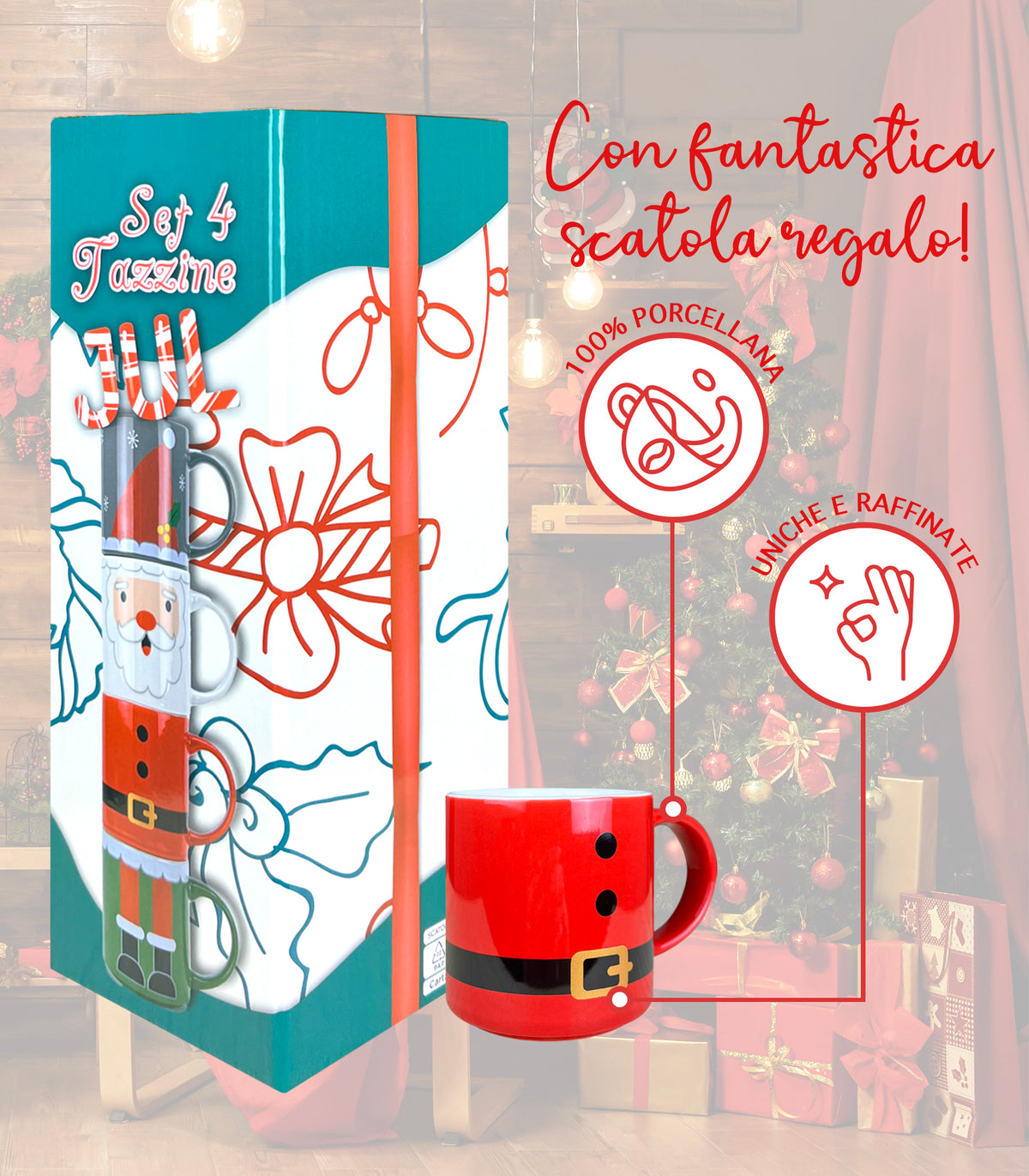 Set 4 Tazzine Da Caffè Con Supporto Fantasia Natale In Porcellana Idea Regalo Si Lavastoviglie Microonde